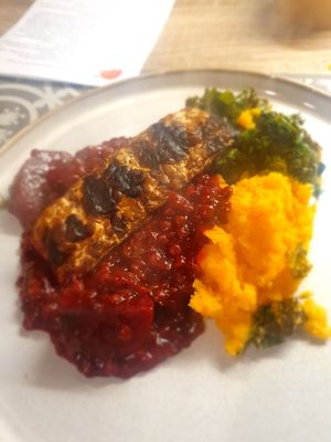 Beetroot Bourguignon, tempeh, mash and kale at Natural Cookery School in Nailsworth