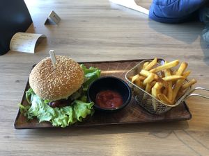 Hamburger and French fries   at Loving Hut in Reykjavik
