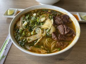 Spicy soup with vegan beef  at Loving Hut in Reykjavik