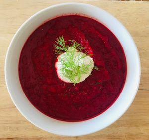 Borscht soup with cashew cream  at Rowena Rabbit in Malaga