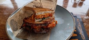 Tosti met zoete aardappel en vegan cheddar at Havana Beach Club in Rockanje