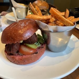 Beetroot falafel burger and sweet potato fries at The Old Post Office in Wallingford