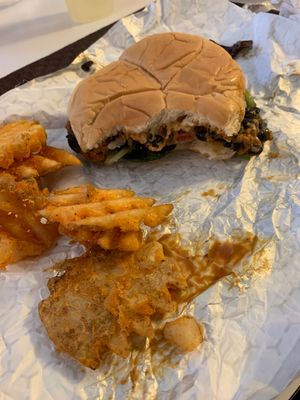 Black Burger and fries  at Cafe 1610 in Dayton