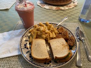 Mushrooms sandwich, Mac and cheese, southern fried tofu, and strawberry shake at Cafe 1610 in Dayton