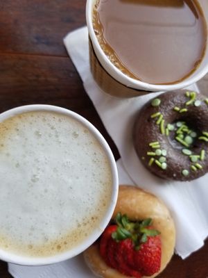 Vegan Pumpkin Spice Latte, Vegan Pumpkin Coffee, Vegan Chocolate Donut, Vegan Strawberry Donut at Cafe 1610 in Dayton