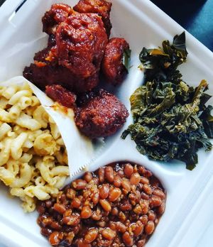 Vegan mac, vegan bbq cauliflower, vegan greens, vegan baked beans at Cafe 1610 in Dayton