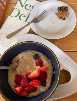 Oat milk porridge with a flapjack  at Ness Deli in Drumnadrochit