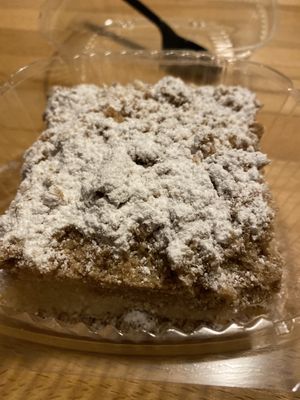 clear labels and a delicious crumb cake! at D&D Bake Shoppe in Copiague