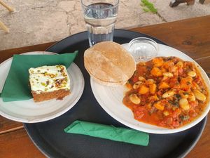 Vegan carrot cake and sweet potato, bean and spinach stew. at Cafe 4 Eden in Penrith