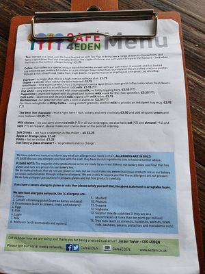 Menu (2of2) at Cafe 4 Eden in Penrith