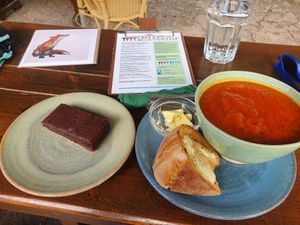 Fantastic, hearty tomato soup plus amazing brownie slice! There were actually 2 soups on that day, both vegan. at Cafe 4 Eden in Penrith