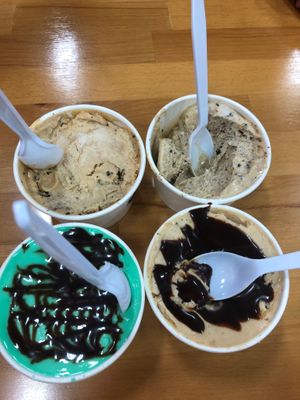 3 Peanut butter flavors with mix-ins and a mint flavor with chocolate topping. From July 2023 visit.  at Buzzed Bull Creamery in Pigeon Forge