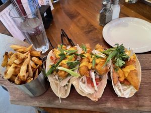 Vegan faux tacos as a meal (3) with fries   at Beertown in Guelph
