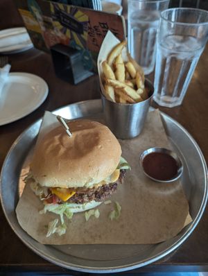Plant Based Burger with fries at Beertown in Guelph