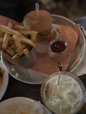 Plant Based (Vegan) Hot Chik’n Burger with fries  at Beertown in Guelph