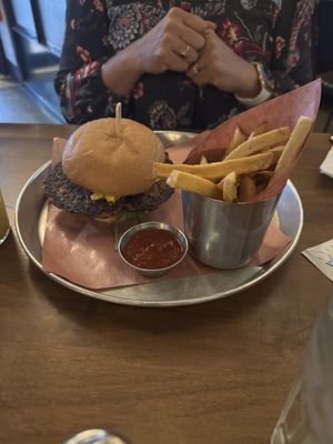 Plant Based vegan Harvest (smashed) Burger with Fries  at Beertown in Guelph