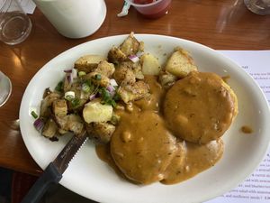 ham biscuits and gravy at Tom Kat Kafe in Gainesville