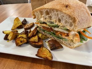 Half Tofu sandwich with roasted potatoes.  at PS Green Express in Fort Lauderdale