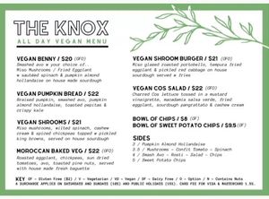 Vegan Menu at The Knox in Watson