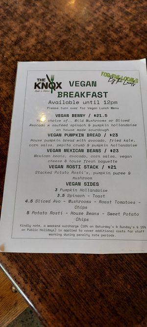 Vegan breakfast menu at The Knox in Watson