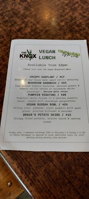 Vegan lunch menu at The Knox in Watson