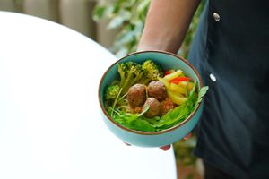Plantbased meatballs with vegetables and glutenfree spaghetti. Salsa sauce at Tvoya Kultura in Tyumen