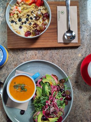 Vegan oatmeal, a cup of the soup of the day and the Top Of The Pops Sourdough at 23 Seats in Dundalk