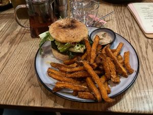 Vegan burger and sweet fries  at KLYO in Vienna