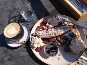 vegan protein pancakes and melange with soy milk at KLYO in Vienna