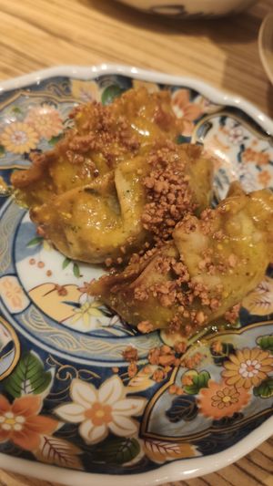 Vegan fried gyoza with mustard at Kakekomi Gyoza in Tokyo
