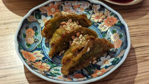 Vegetarian gyoza with honey-mustard glazing at Kakekomi Gyoza in Tokyo