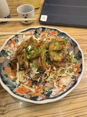 Vegan green Gyoza with you Lin spicy sauce   at Kakekomi Gyoza in Tokyo