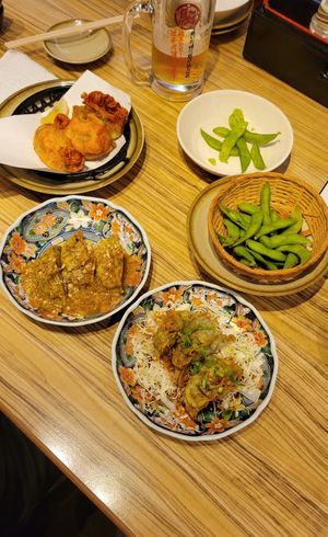 Array of gyoza and edamame #Veganuary at Kakekomi Gyoza in Tokyo