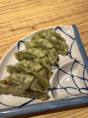 Soy meat and spinach gyoza  at Kakekomi Gyoza in Tokyo
