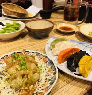 The fried vegan gyoza on the left with their bed of cabbage and sauce!  at Kakekomi Gyoza in Tokyo