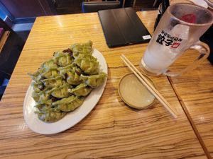 Regular soy meat gyoza. Didn't have much flavor. Highball white sour was good. Not vegan. at Kakekomi Gyoza in Tokyo