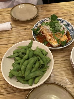 Edamame and cold silken tofu in spicy sauce   at Kakekomi Gyoza in Tokyo