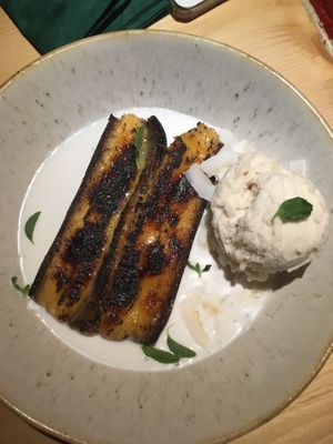 Caramelized banana with coconut cream and icecream at Flores Da Pampa in Lisbon