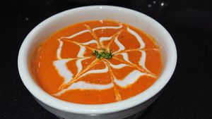 Red soup from red pepper at Abracado in Hanoi