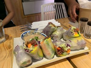 Summer rools with tempeh and brown noodles. Delicious!  at Abracado in Hanoi