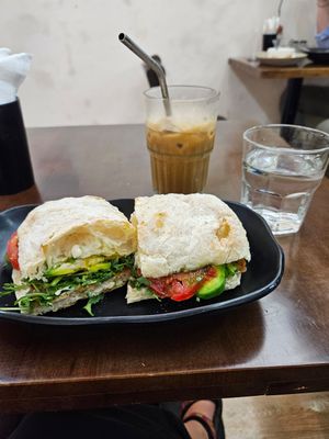 Tempeh sandwich and cafe sua da at Abracado in Hanoi