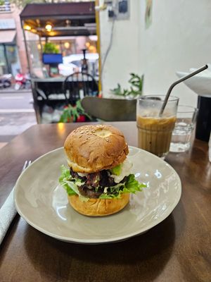 Black bean burger and cafe sua da at Abracado in Hanoi
