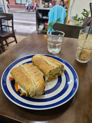 Falafel panini and cafe sua da at Abracado in Hanoi