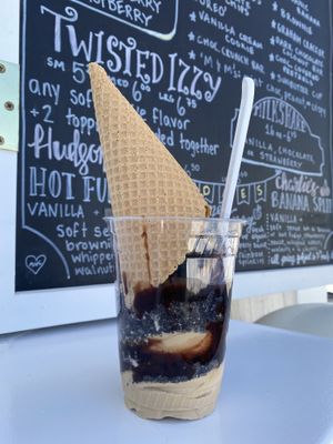 Coffee soft serve with Oreos and hot fudge  at Sweet Izzy in Harwich Port