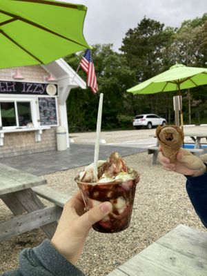 Banana split and peanut butter chocolate in a cone which my boyfriend called delicious  at Sweet Izzy in Harwich Port
