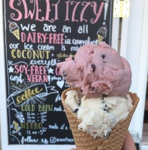 Raspberry chip on top of mint chip in waffle cone (medium)  at Sweet Izzy in Harwich Port