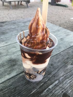 Chocolate-vanilla soft serve twist over coffee oreo hard serve with hot fudge (large)  at Sweet Izzy in Harwich Port