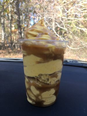 Pumpkin spice soft serve on top of pumpkin spice hard serve with caramel sauce (large)  at Sweet Izzy in Harwich Port