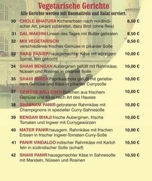 Menu at Taj Mahal in Dessau-rosslau