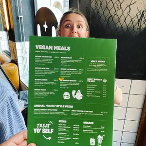 Huge vegan menu + excited partner  at Bastard Burgers - Östra Hamngatan in Gothenburg